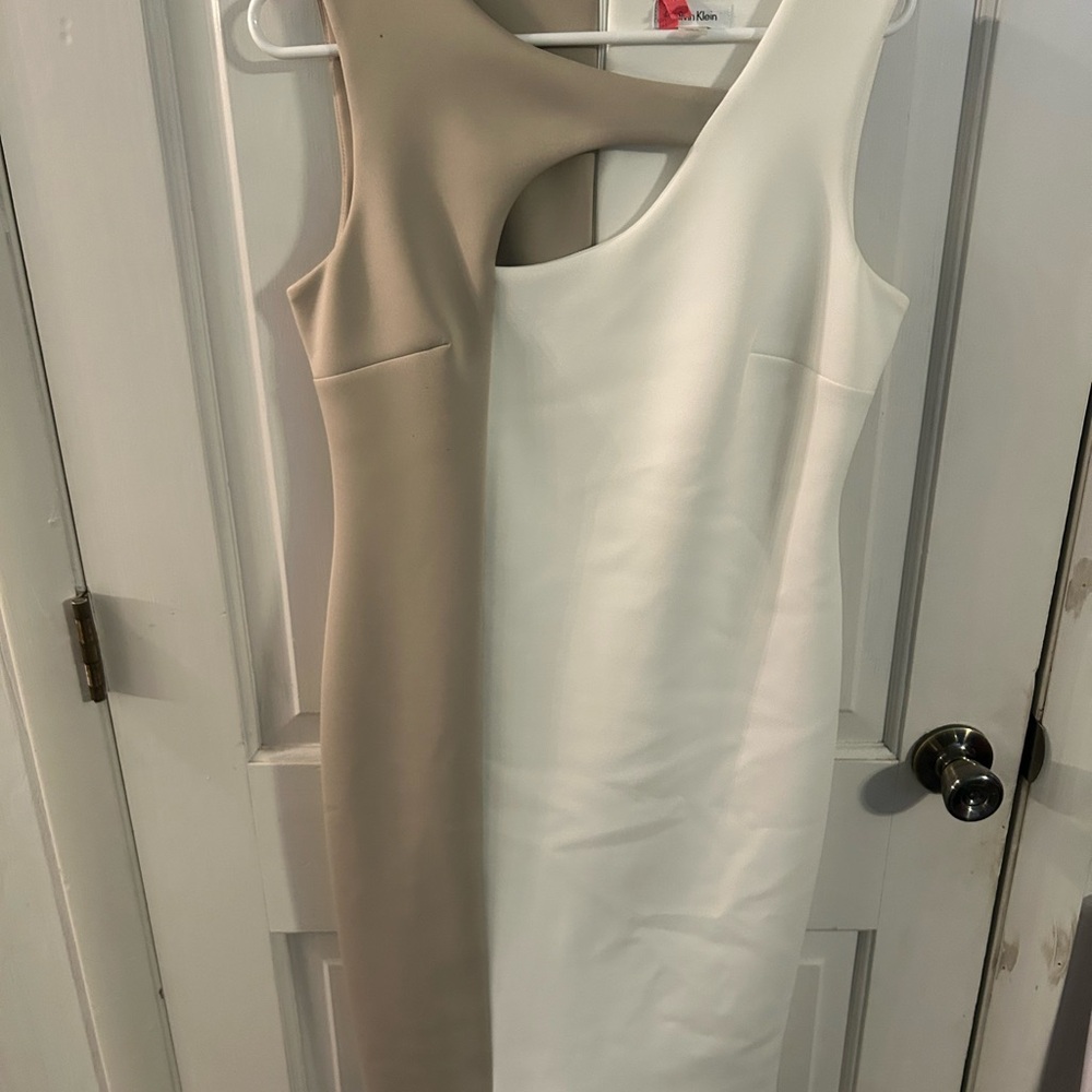 Calvin Klein One Shoulder Beige and White Dress